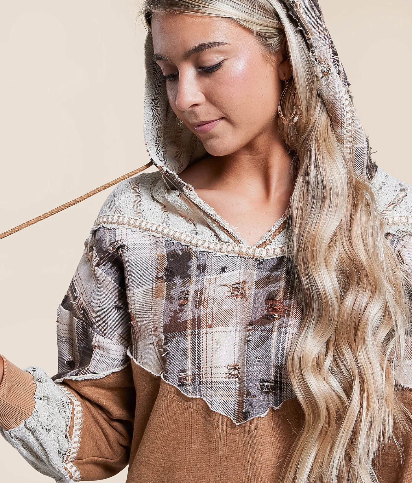 Miss Me Pieced Plaid Hoodie Multi Brown