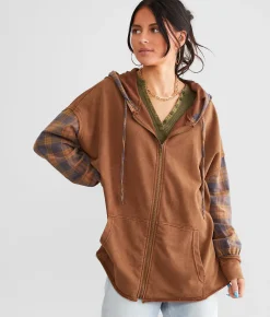 Gilded Intent Pieced Plaid Hoodie Brown