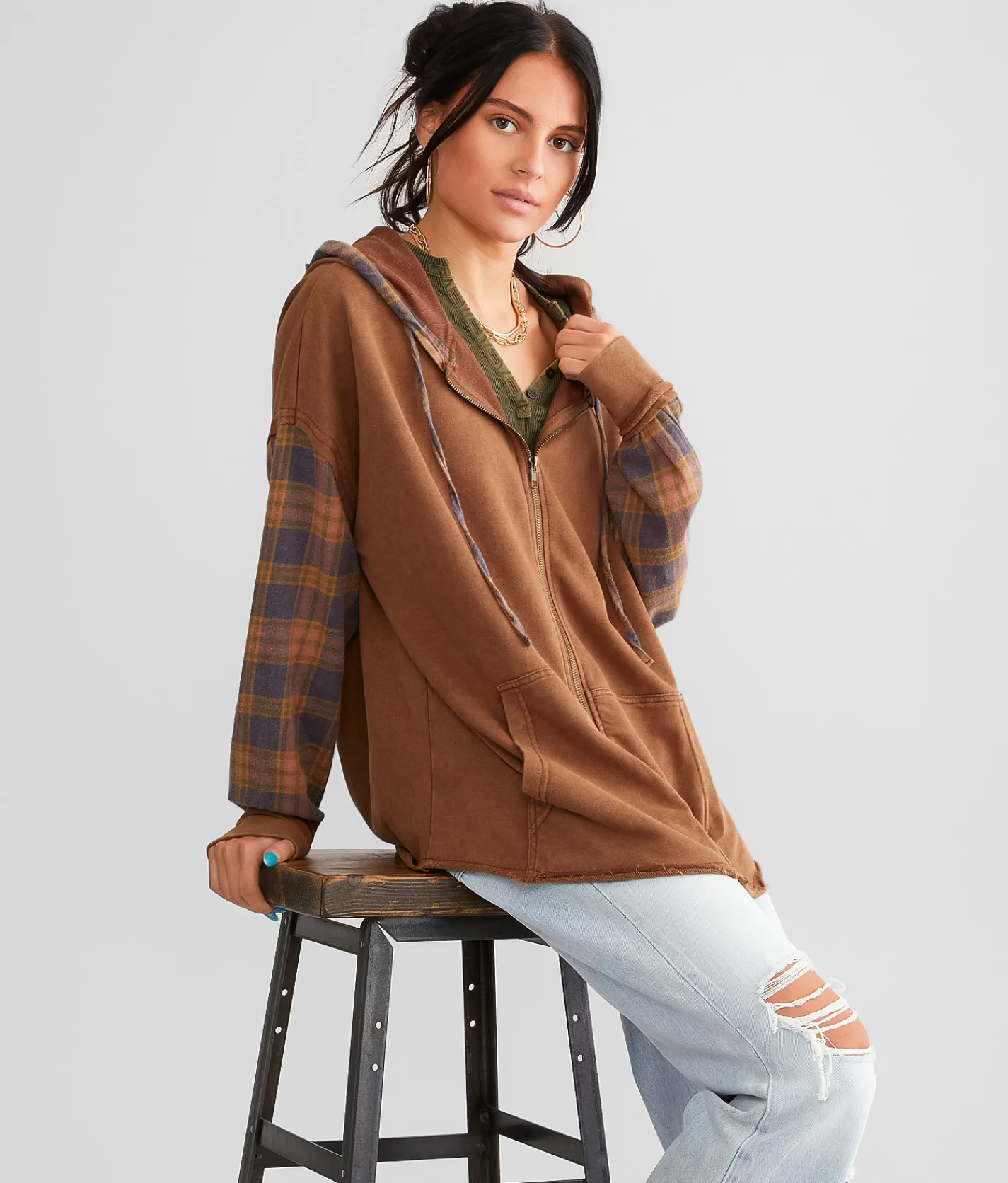 Gilded Intent Pieced Plaid Hoodie Brown