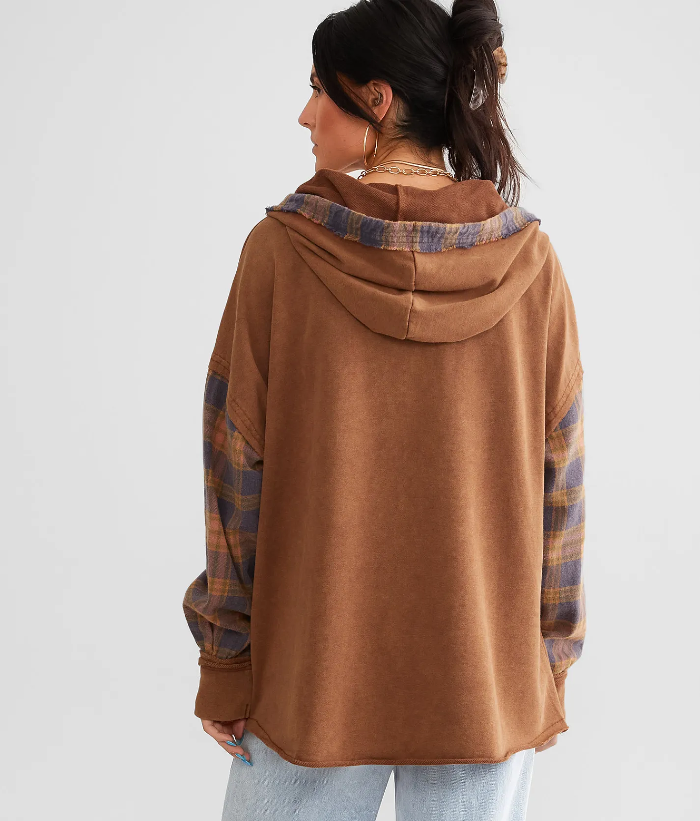 Gilded Intent Pieced Plaid Hoodie Brown