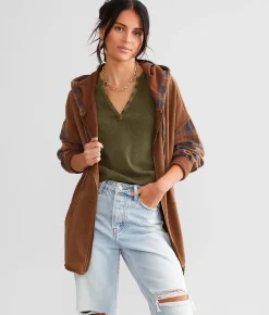 Gilded Intent Pieced Plaid Hoodie Brown