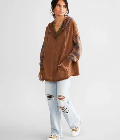 Gilded Intent Pieced Plaid Hoodie Brown