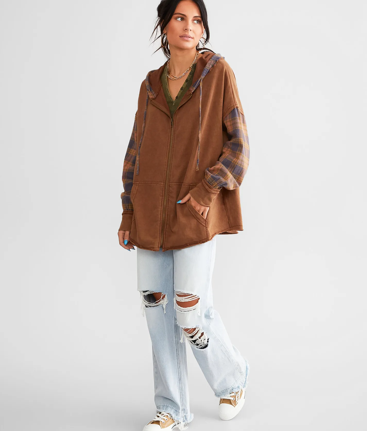 Gilded Intent Pieced Plaid Hoodie Brown