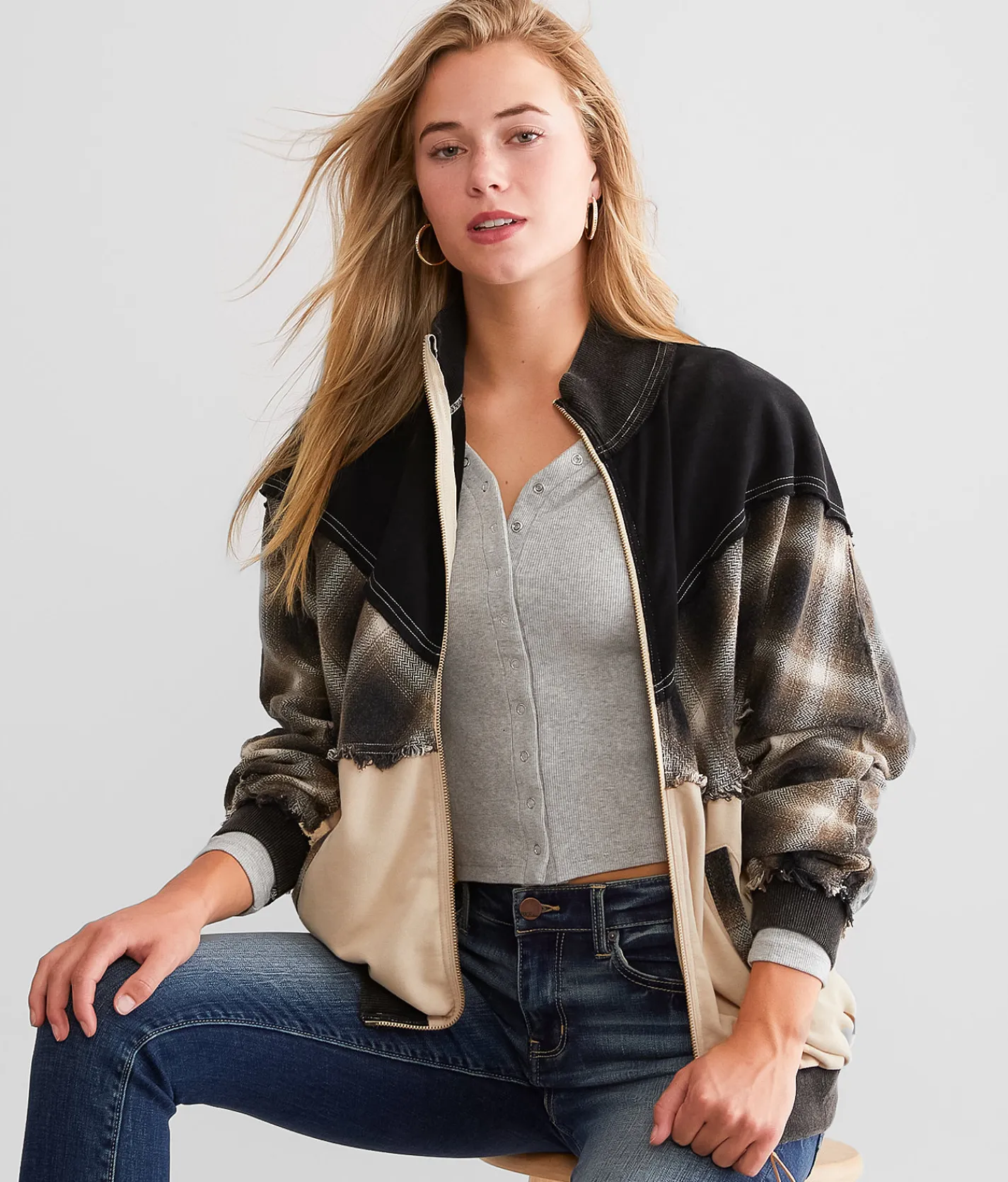 Coats & Jackets | BKE Pieced Plaid Jacket Tan Black