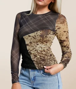 Tops | Gilded Intent Pieced Plaid Mesh Top Plaid Cow Multi
