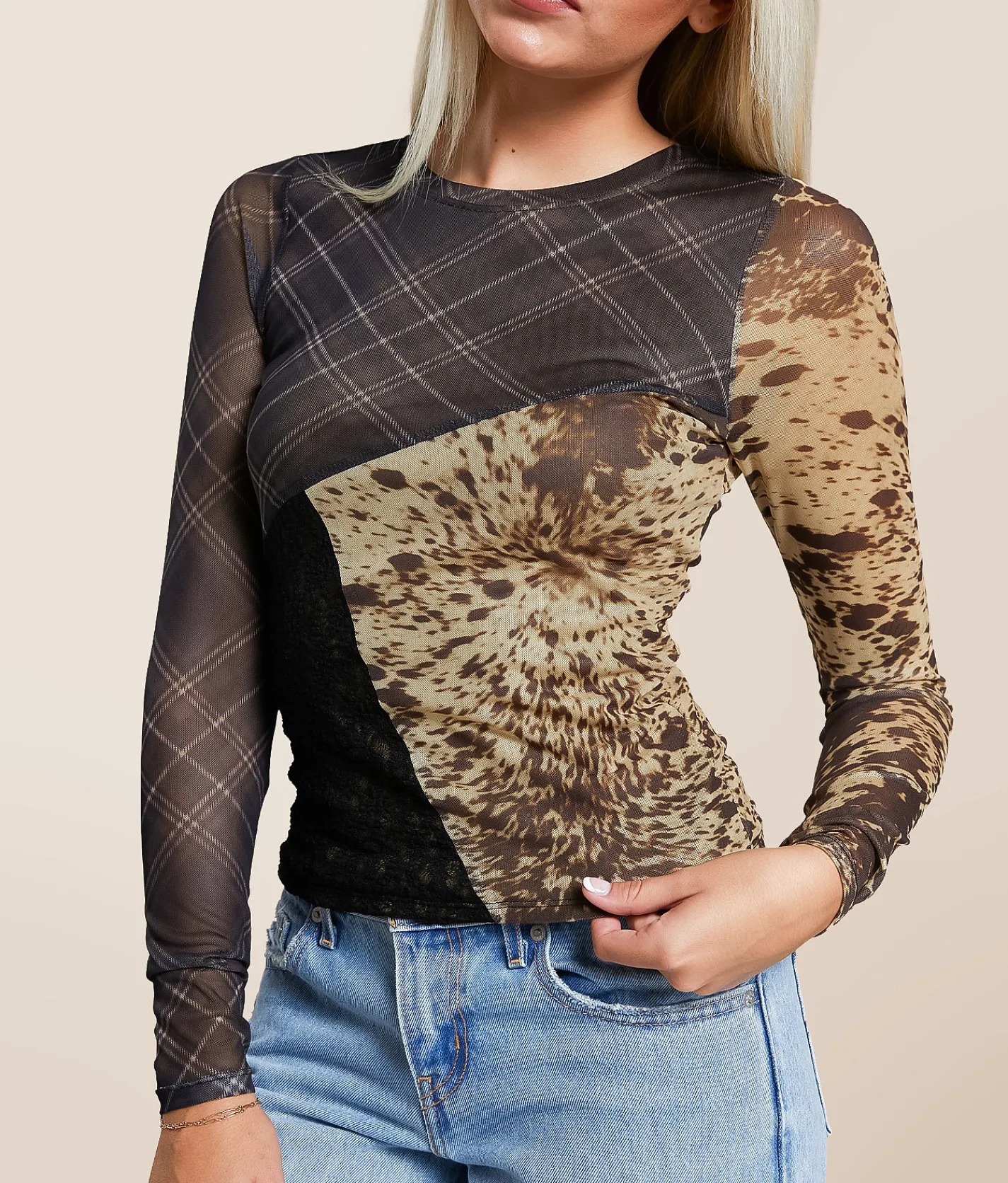Tops | Gilded Intent Pieced Plaid Mesh Top Plaid Cow Multi