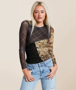 Tops | Gilded Intent Pieced Plaid Mesh Top Plaid Cow Multi