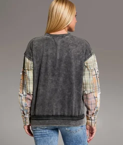 Tops | BKE Pieced Plaid Pullover Washed Black PLaid