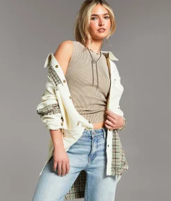 BKE Pieced Plaid Shacket Cream