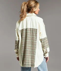BKE Pieced Plaid Shacket Cream