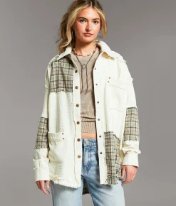BKE Pieced Plaid Shacket Cream