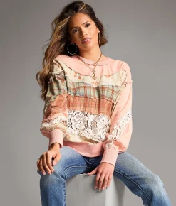 BKE Pieced Plaid Top Pink Mix Clearance