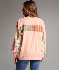 BKE Pieced Plaid Top Pink Mix Clearance