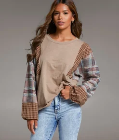 BKE Pieced Plaid Top Beige Outlet