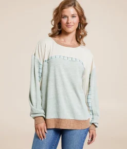 BKE Pieced Plaid Top Sage Best
