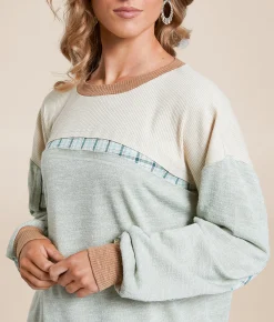 BKE Pieced Plaid Top Sage Best