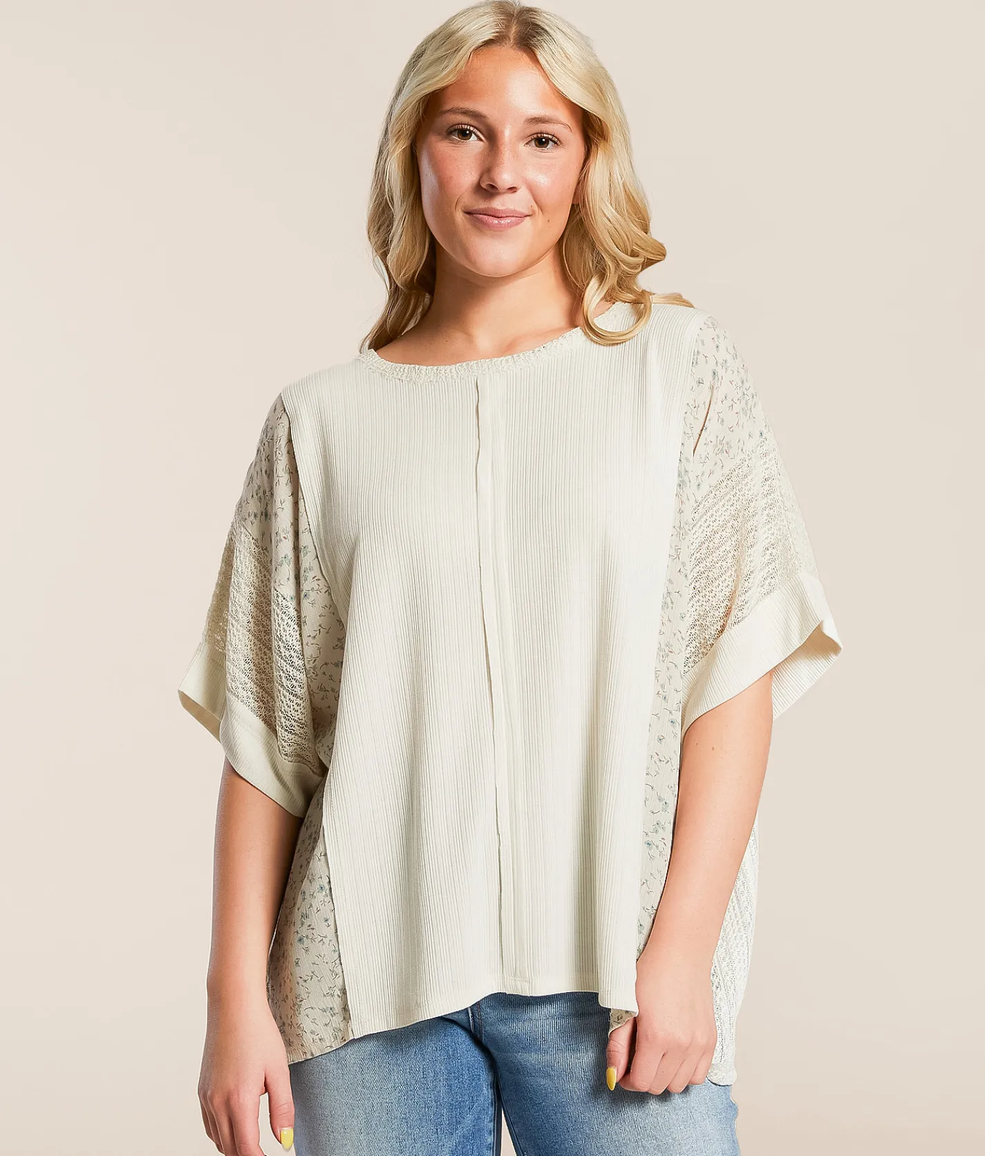 Daytrip Pieced Pointelle Floral Top Cream Multi Outlet