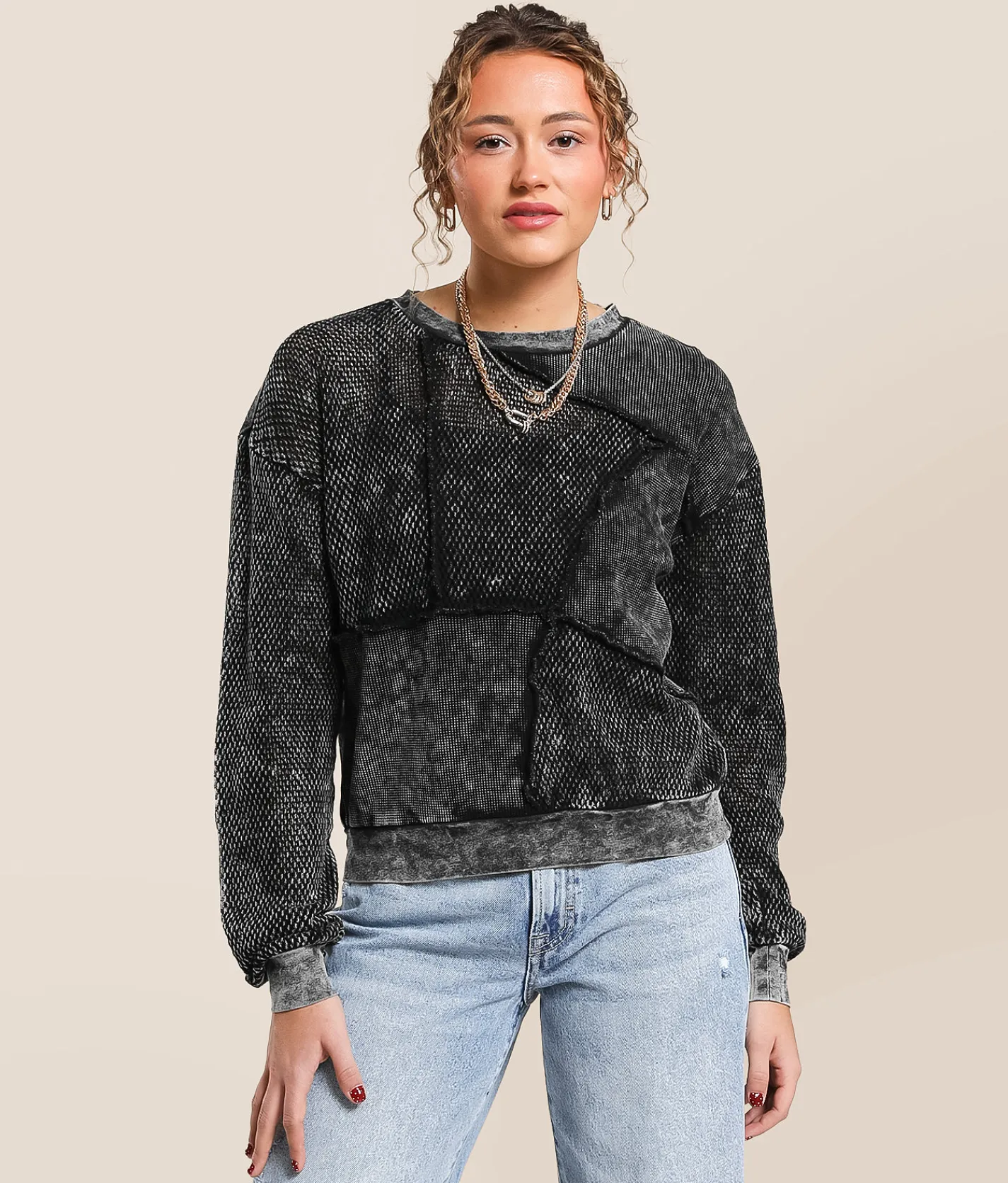 Gilded Intent Pieced Pullover Washed Black Clearance