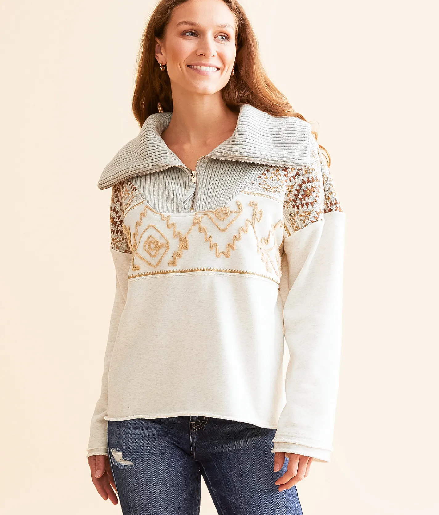 Tops | Miss Me Pieced Quarter Zip Pullover Oatmeal