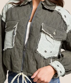 POL Pieced Quilt Jacket Moss Charcoal Outlet