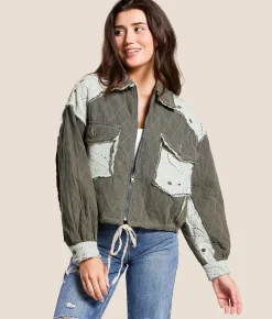 POL Pieced Quilt Jacket Moss Charcoal Outlet