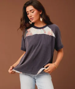 Tops | Gimmicks Pieced Quilt T-Shirt Mood Indigo
