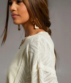BKE Pieced Raw Edge Lace Top Cream Sale