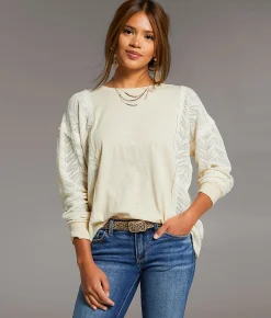 BKE Pieced Raw Edge Lace Top Cream Sale
