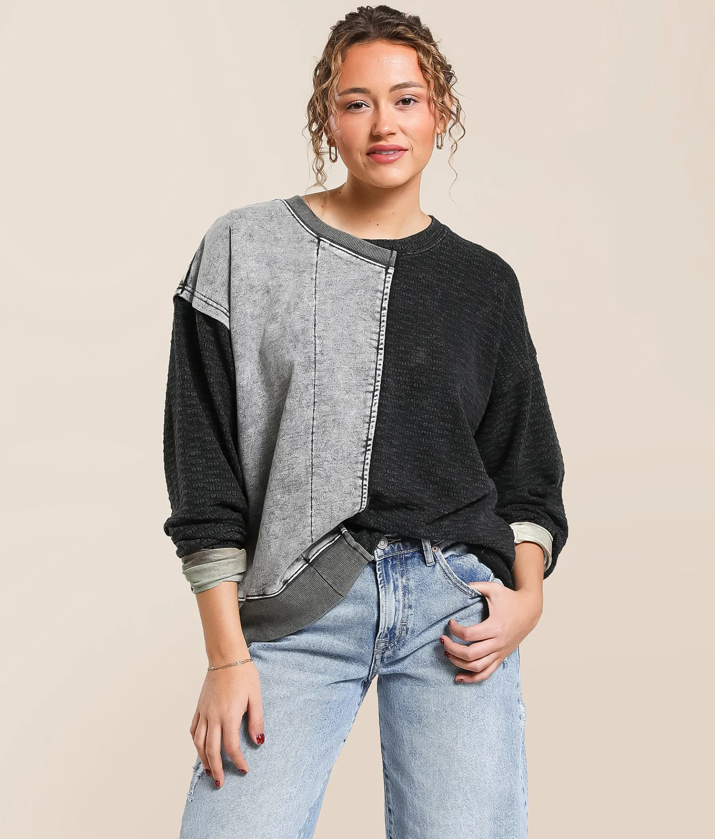 Gilded Intent Pieced Raw Edge Oversized Pullover Assorted Hot