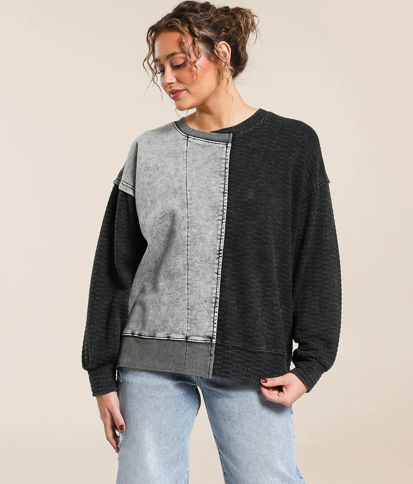 Gilded Intent Pieced Raw Edge Oversized Pullover Assorted Hot