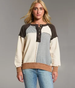 BKE Pieced Stripe Oversized Henley Pullover Black White Sale