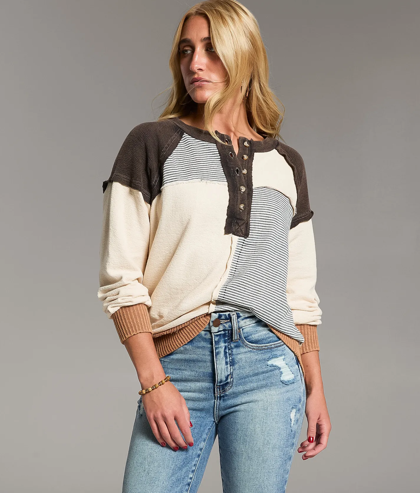 BKE Pieced Stripe Oversized Henley Pullover Black White Sale