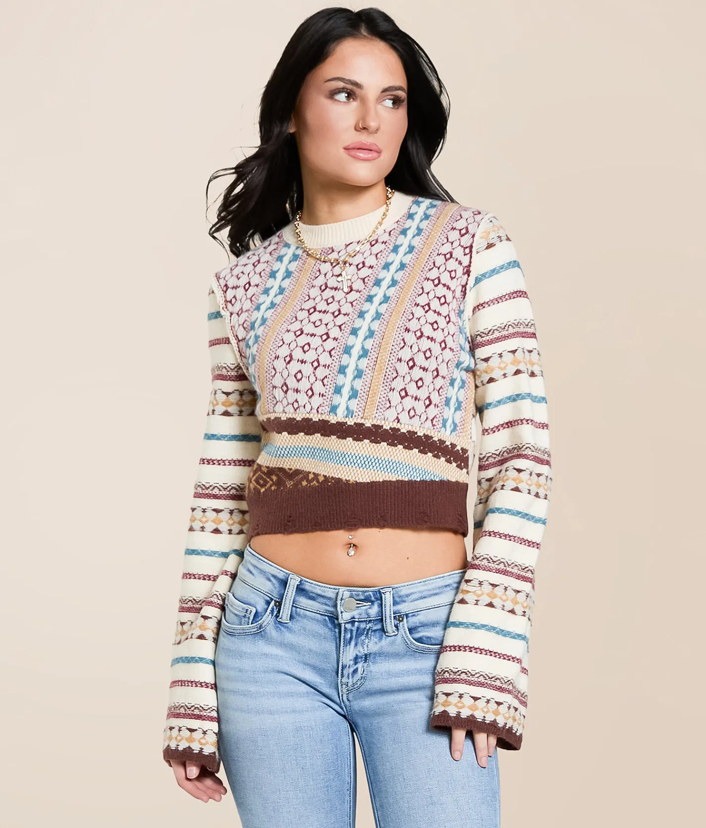 Gilded Intent Pieced Sweater Multi Print Hot
