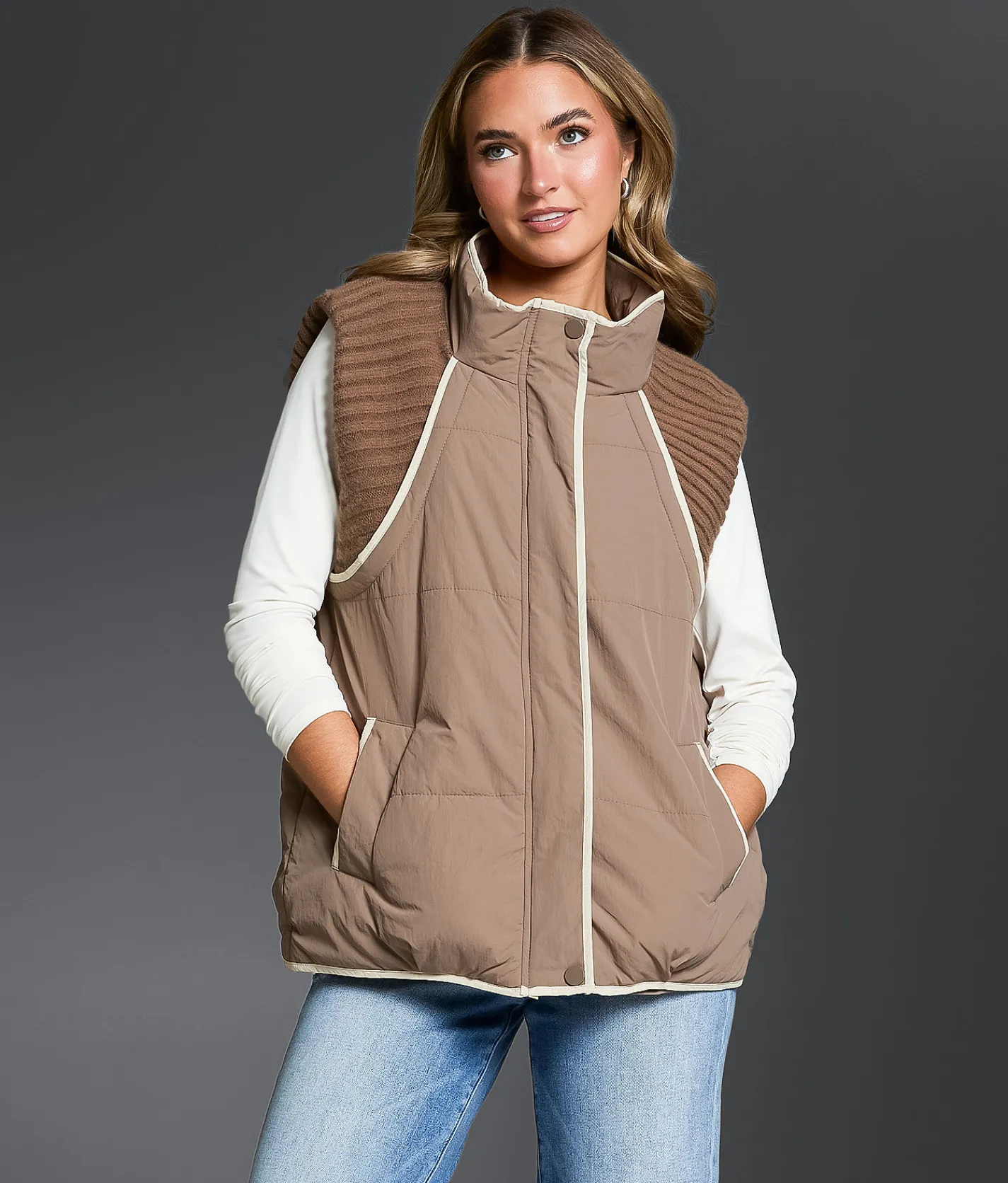 Buckle Black Pieced Sweater Puffer Vest Dark Taupe Outlet
