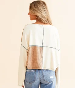 Tops | POL Pieced Waffle Knit Henley Powder Cream