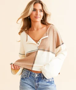 Tops | POL Pieced Waffle Knit Henley Powder Cream