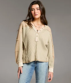 Tops | BKE Pieced Waffle Knit Henley Cobblestone