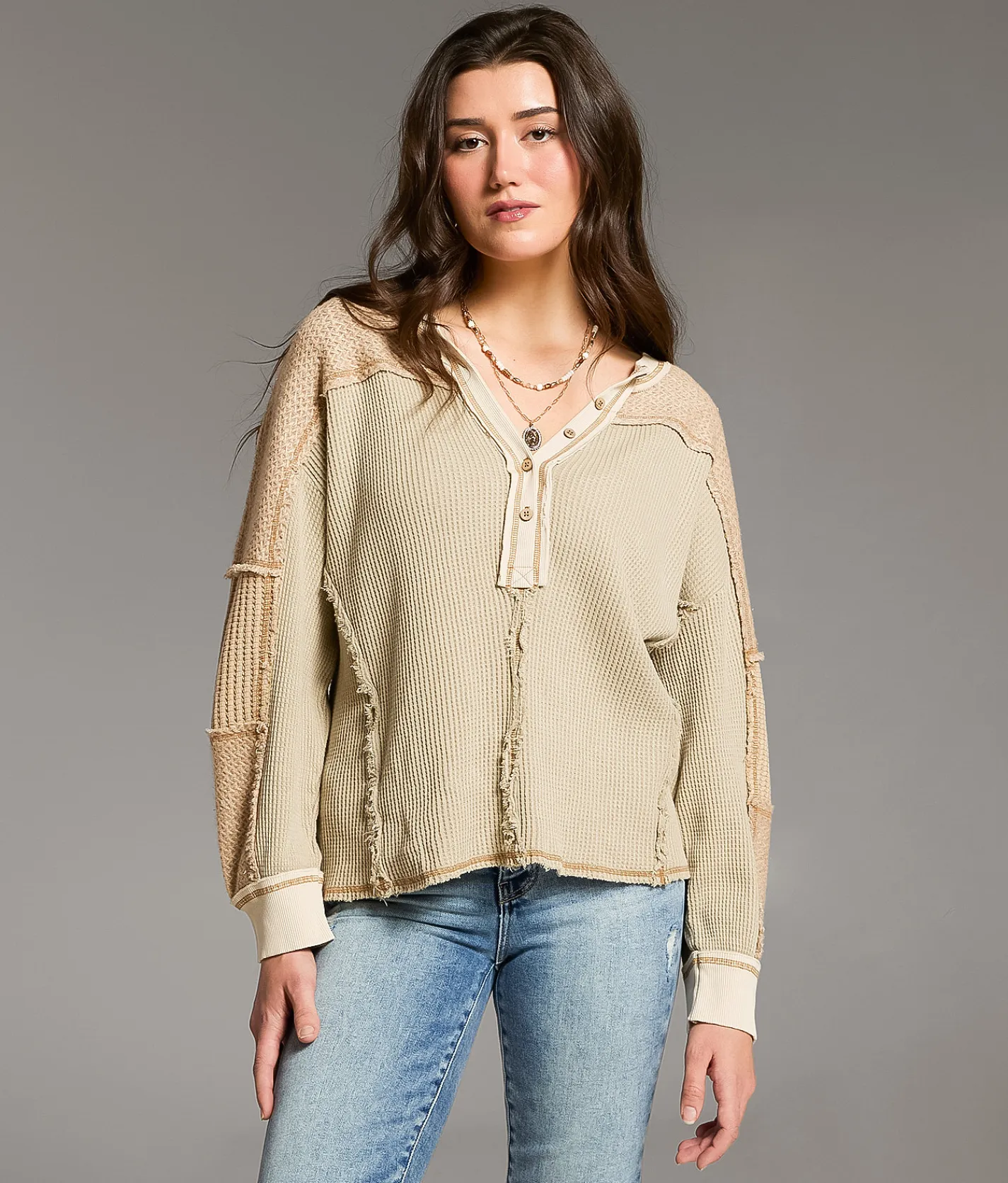 Tops | BKE Pieced Waffle Knit Henley Cobblestone