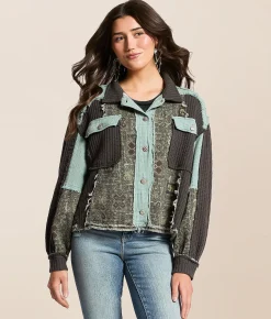POL Pieced Waffle Knit Shacket Charcoal Teal