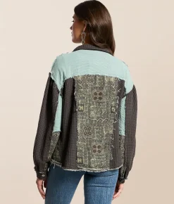 POL Pieced Waffle Knit Shacket Charcoal Teal