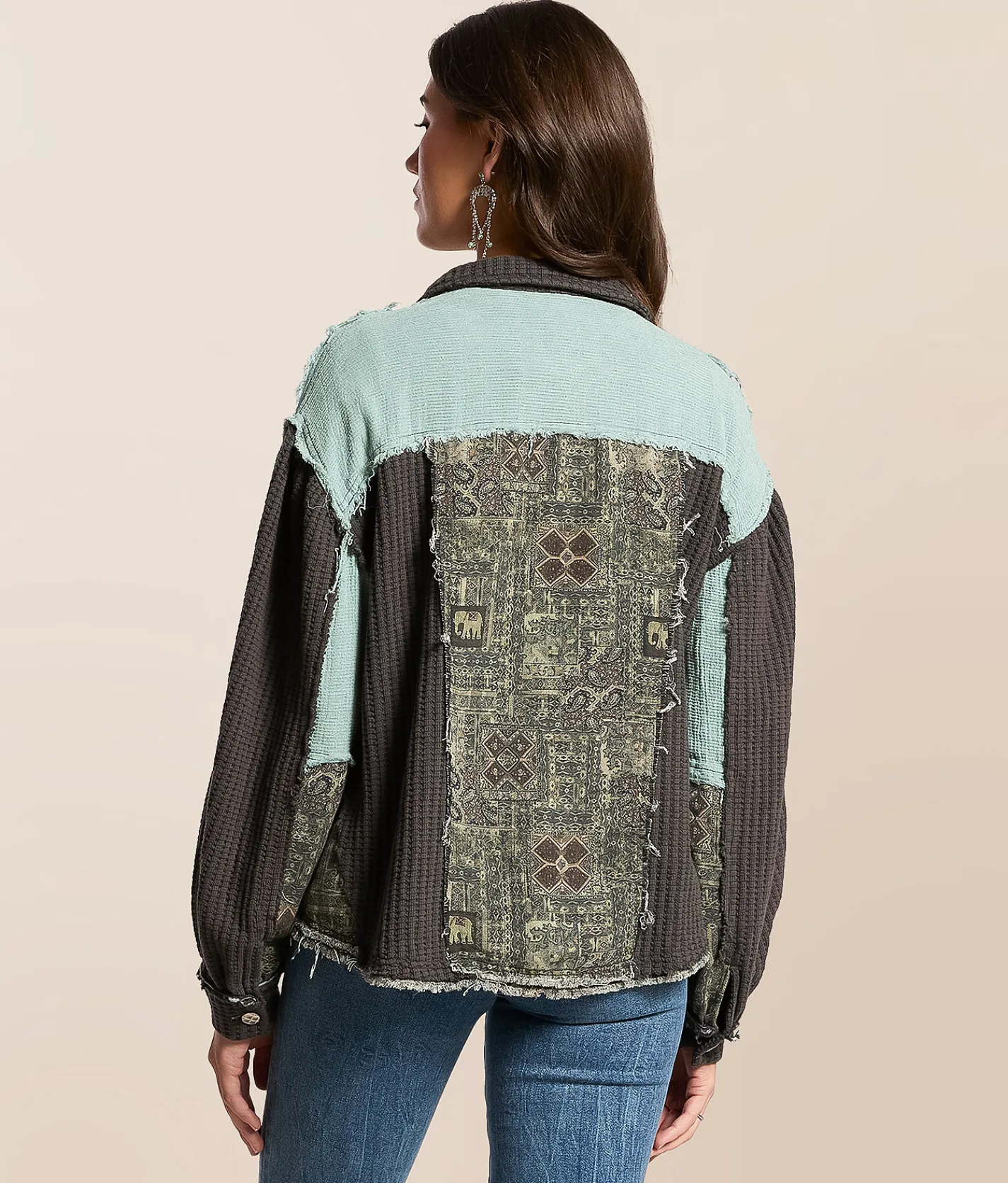 POL Pieced Waffle Knit Shacket Charcoal Teal