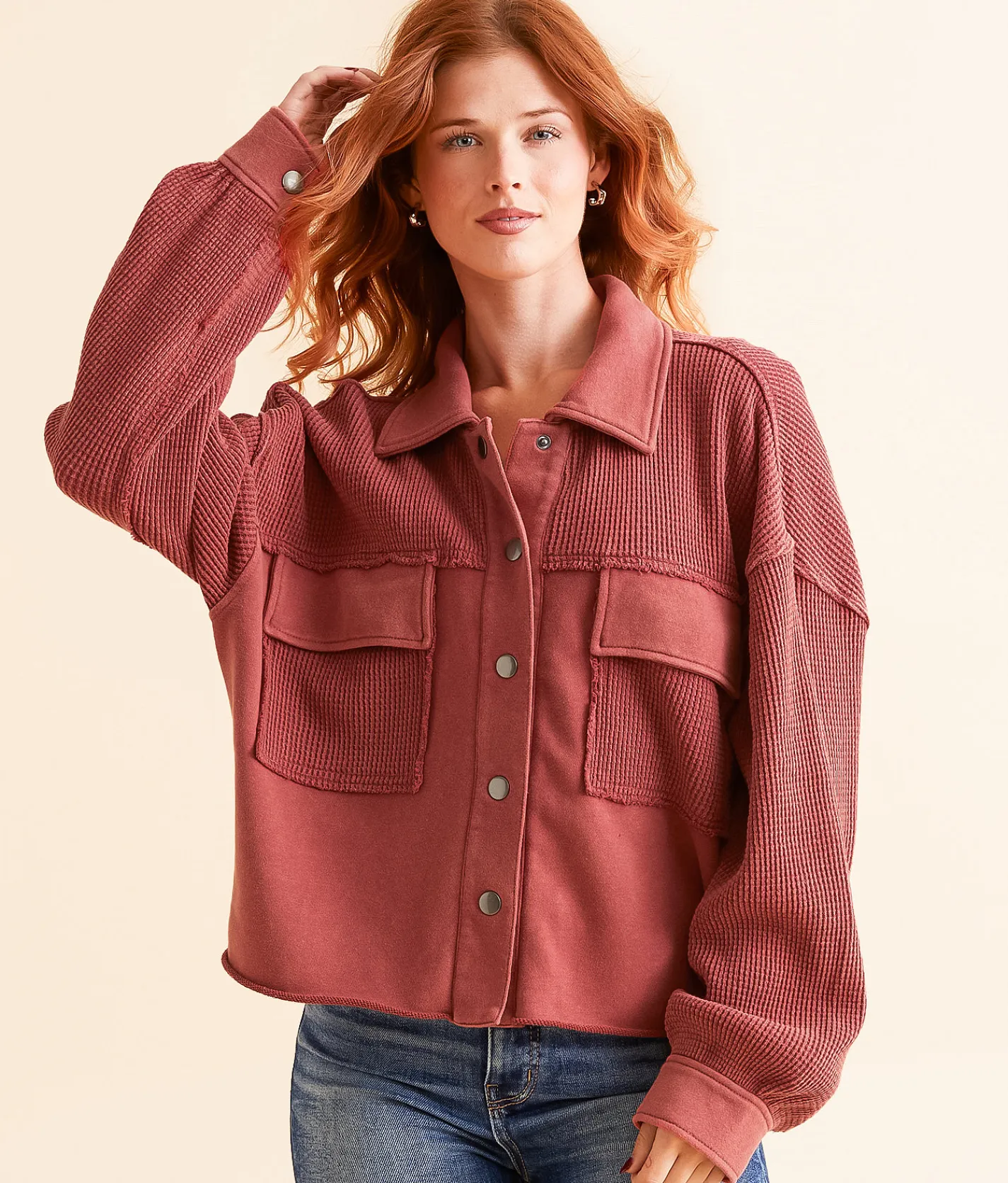 Tops|Coats & Jackets | BKE Pieced Waffle Knit Shacket Earth Red