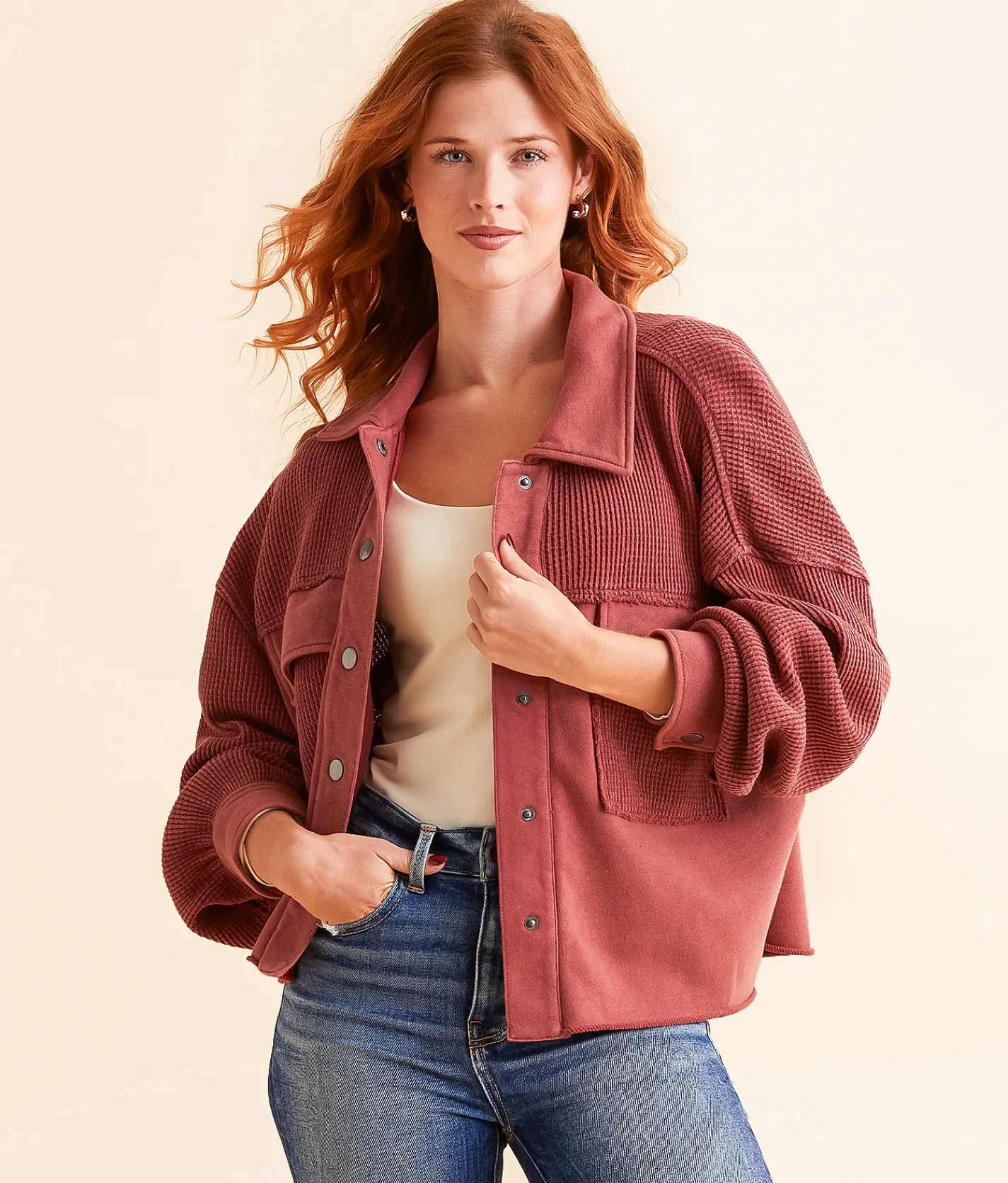 Tops|Coats & Jackets | BKE Pieced Waffle Knit Shacket Earth Red