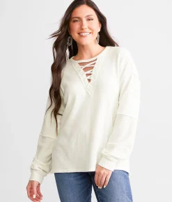 BKE Pieced Waffle Knit Top Apple Butter Outlet