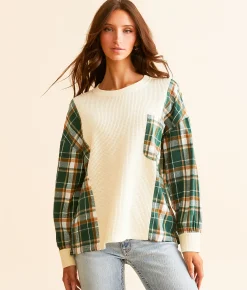 Tops | BKE Pieced Waffle Knit Top Cream Green