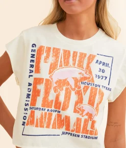 Life Clothing Pink Floyd Animals Cropped Band T-Shirt Cream New