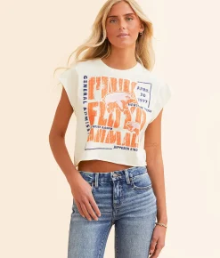 Life Clothing Pink Floyd Animals Cropped Band T-Shirt Cream New