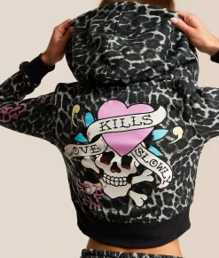 Ed Hardy Pink Skull Cropped Hoodie Black Leopard Best