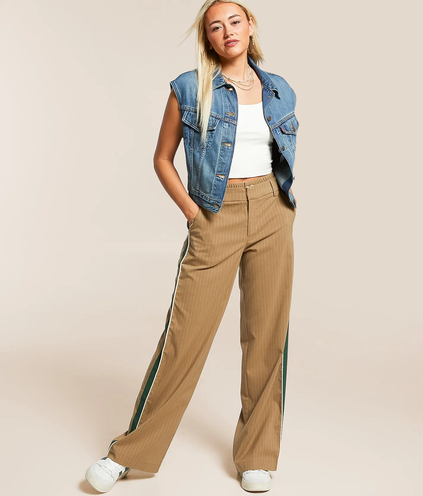 Gilded Intent Pinstriped Trouser Pant Taupe Green Sale
