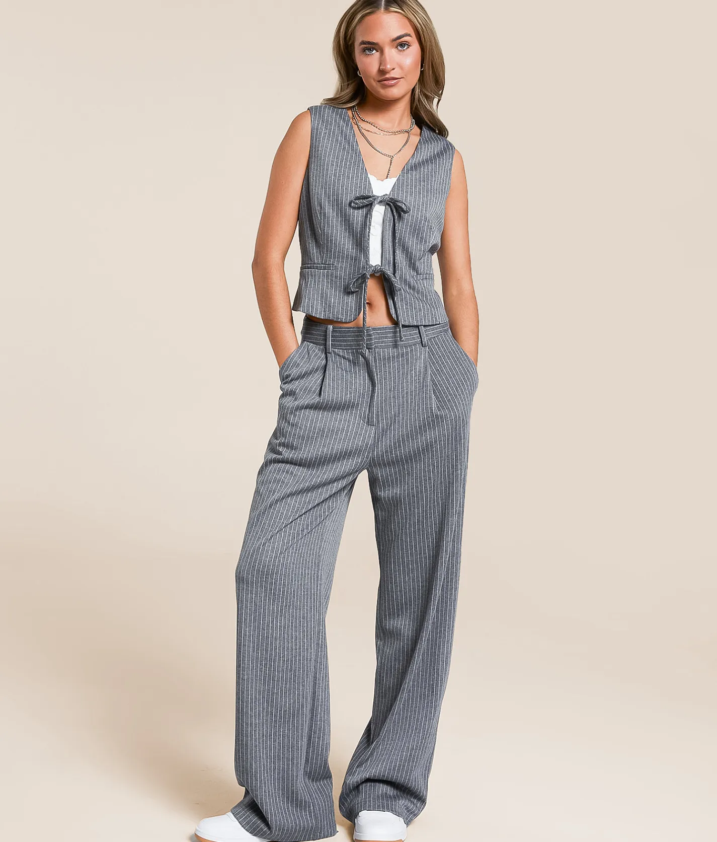 Sadie & Sage Pinstriped Vest Grey White Online